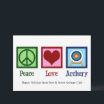 Peace Love Archery Cute Christmas Holiday Card<br><div class="desc">Cute archery Christmas cards. Beautiful Peace Love Archery holiday card with a green peace sign,  red heart,  and a target for an archer.</div>