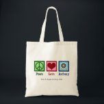 Peace Love Archery Cute Customisable Tote Bag<br><div class="desc">Cute personalised archery tote bag. Beautiful custom Peace Love Archery bags with a green peace sign,  red heart,  and a target for an archer.</div>