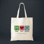 Peace Love Archery Cute Customisable Tote Bag<br><div class="desc">Cute personalised archery tote bag. Beautiful custom Peace Love Archery bags with a green peace sign,  red heart,  and a target for an archer.</div>
