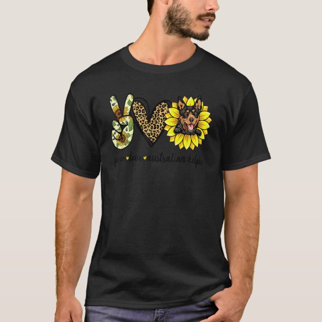 Peace Love Australian Kelpie Dog Sunflower T-Shirt (Front)