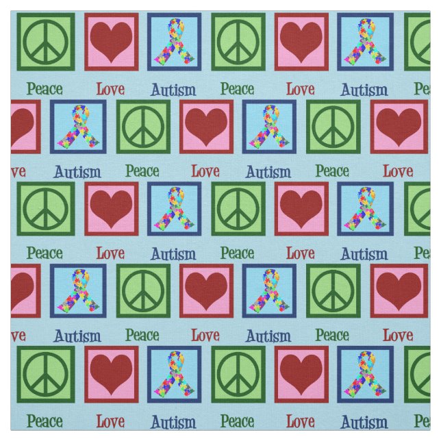 Peace Love Autism Awareness Ribbon Blue Pattern Fabric (Swatch)