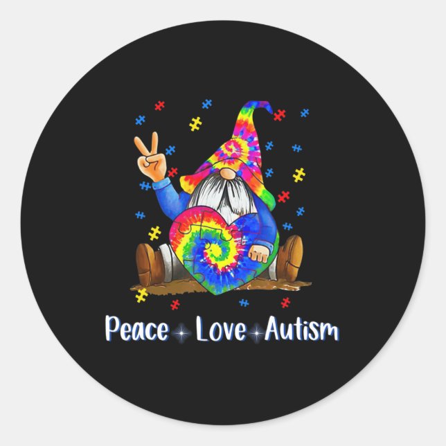 Peace Love Autism Gnome Autism Tie Dye Autism Awar Classic Round Sticker (Front)