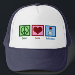 Peace Love Badminton Player Trucker Hat<br><div class="desc">A peace sign,  heart,  and the badminton shuttlecock decorate this cute badminton player hat gift. Peace Love Badminton cap.</div>