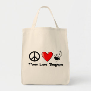 Peace, Love, Bagpipes Tote Bag