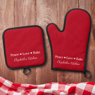 Peace Love Bake Personalised Red Oven Mitt & Pot Holder Set