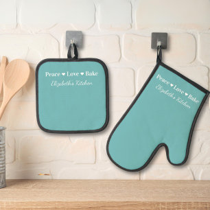 Peace Love Bake Personalised Teal Blue Oven Mitt & Pot Holder Set