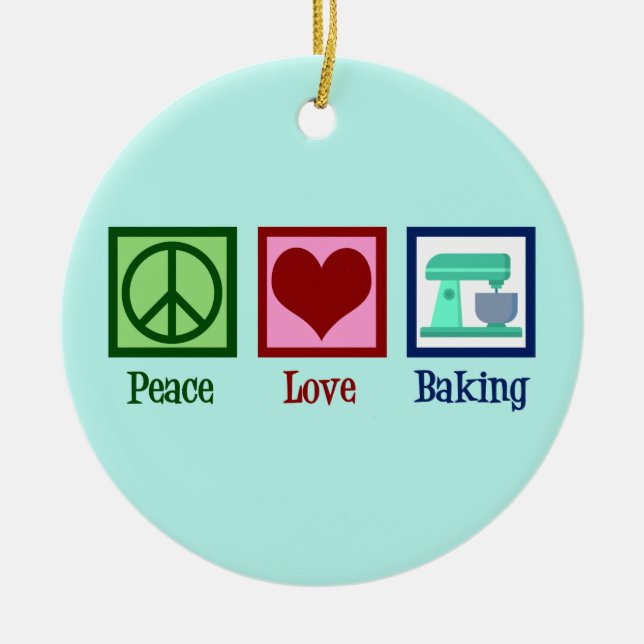 Peace Love Baking Cute Bakery Teal Stand Mixer Ceramic Tree Decoration (Front)