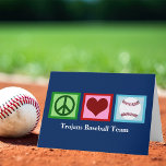 Peace Love Baseball Custom Team Blue Christmas Holiday Card<br><div class="desc">Cute custom little league or baseball team holiday cards. Customise with your team name or school and mascot underneath the green peace sign,  heart,  and baseball. Peace Love Baseball blue Christmas cards.</div>