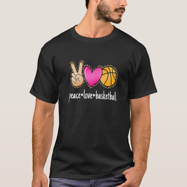 Peace Love Basketball Leopard Print Girls Women Ba T-Shirt (Front)