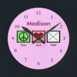 Peace Love Baton Twirling Custom Pink Round Clock<br><div class="desc">A peace sign,  heart,  and twirling batons. Peace Love Twirl personalised clock.</div>