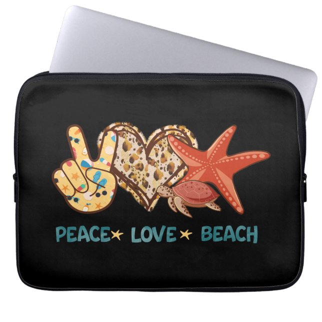 Peace, Love, Beach | Hand-Peace, Heart, Turtle Laptop Sleeve (Front)