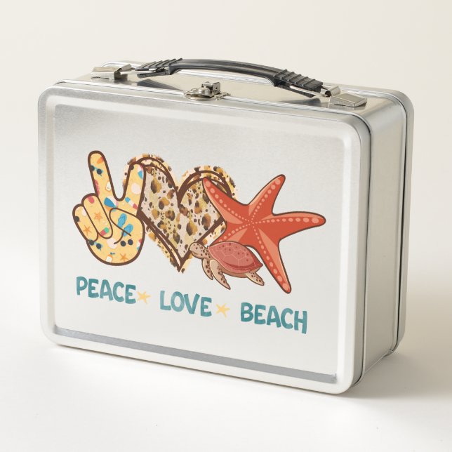 Peace, Love, Beach | Hand-Peace, Heart, Turtle Metal Lunch Box (Front)