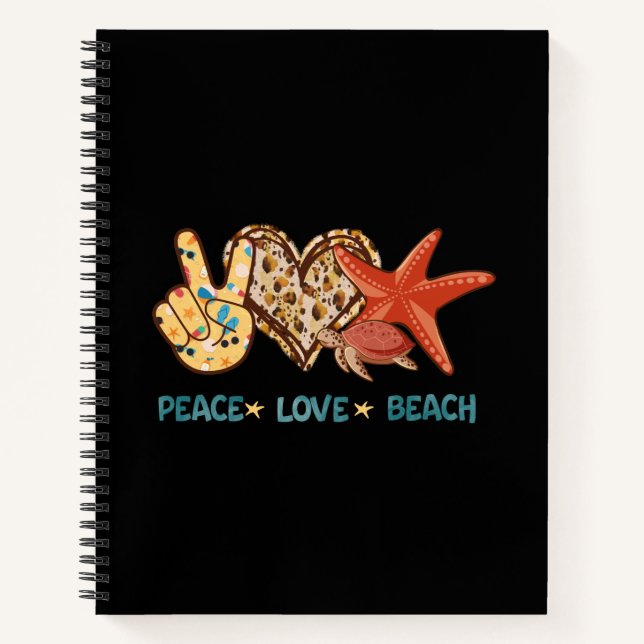 Peace, Love, Beach | Hand-Peace, Heart, Turtle Notebook (Front)