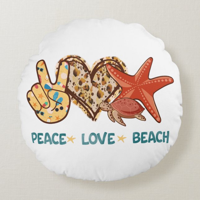 Peace, Love, Beach | Hand-Peace, Heart, Turtle Round Cushion (Front)