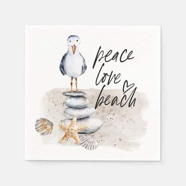 Peace Love Beach Seagull Coastal Napkin (Front)