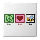 Peace Love Bees Tile<br><div class="desc">A peace sign, heart, and a cute bumblebee. I love black and yellow striped honey bees gifts.</div>