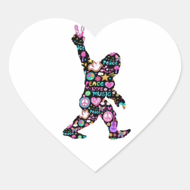 Peace Love Bigfoot Hippie Funny Bigfoot Lover Heart Sticker (Front)