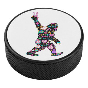 Peace Love Bigfoot Hippie Funny Bigfoot Lover Hockey Puck