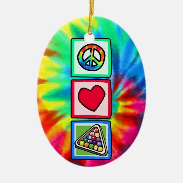 Peace, Love, Billiards Ceramic Tree Decoration (Front)