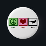 Peace Love Birds 6 Cm Round Badge<br><div class="desc">Birds are a beautiful gift of nature. This pretty button features a green peace sign,  a red heart,  and a black bird silhoutte sitting in a square. A cute Christmas present for a birdwatcher into birding.</div>