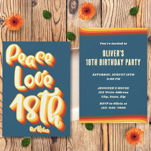 Peace Love Blue Retro Groovy Sunset 18th Birthday Invitation