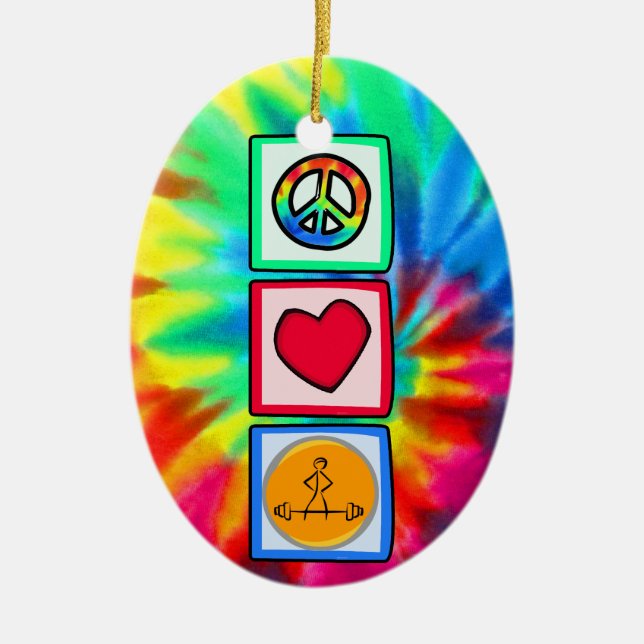 Peace, Love, Bodybuilding Ceramic Tree Decoration (Front)