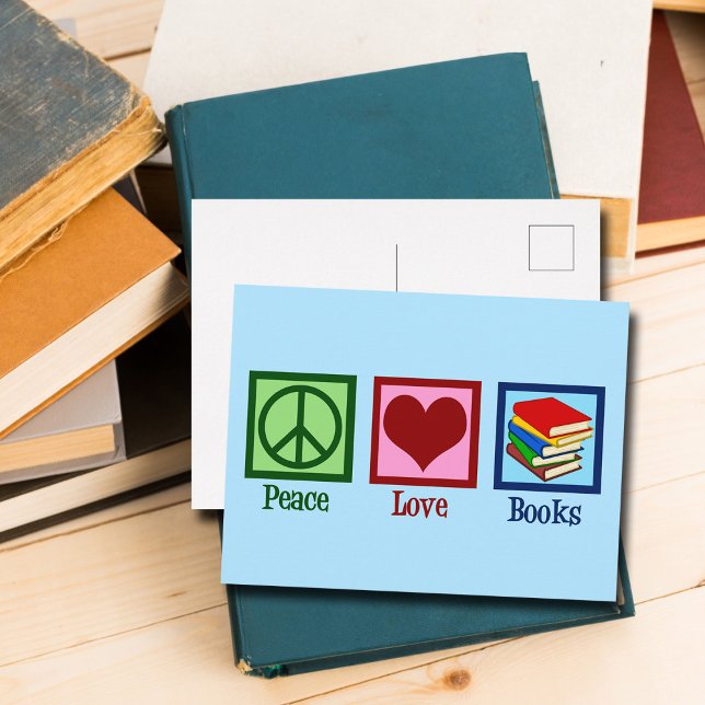 Peace Love Books Cute Blue Book Store Postcard (Creator Uploaded)