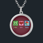 Peace Love Books Silver Plated Necklace<br><div class="desc">A cute librarian Christmas gift featuring a peace sign,  heart,  and a stack of novels. Peace Love Books makes a good present for an author,  writer,  or novelist. Fun bookworm design for a teacher.</div>