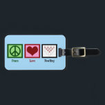 Peace Love Bowling Luggage Tag<br><div class="desc">A cool bowling team gift featuring a peace sign,  heart,  and bowling pins. Bring this present with you to bowl!</div>