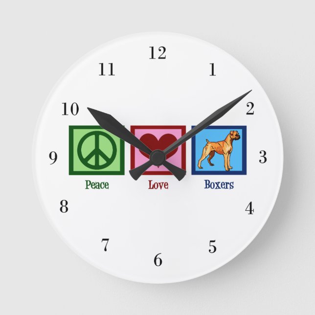 Peace Love Boxers Cute Boxer Dog Round Clock (Front)