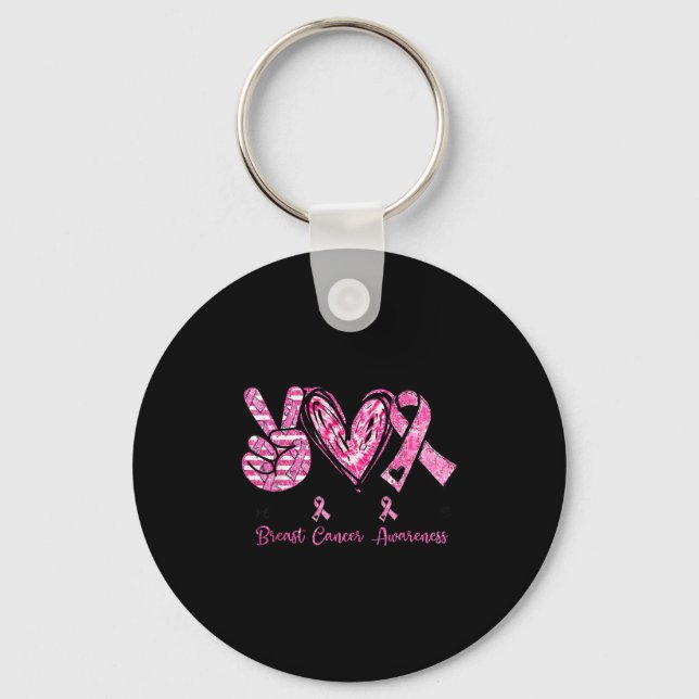 Peace Love Breast Cancer Awareness Women Men Kids  Key Ring (Front)