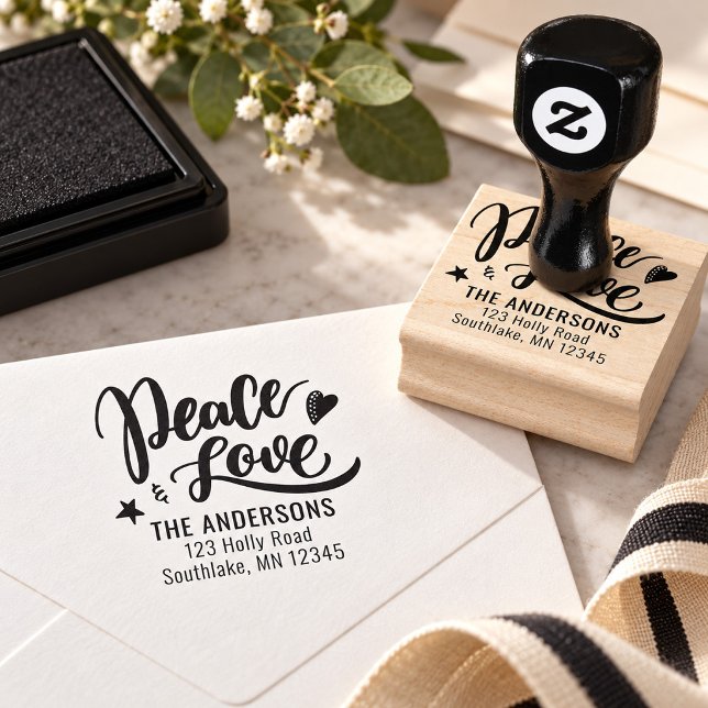 Peace Love Brush Script Holiday Return Address Rubber Stamp (Creator Uploaded)