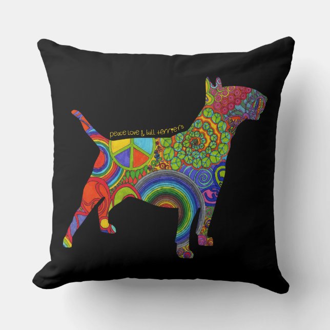 "Peace Love & Bull Terriers" Pop Art Pillow (Front)
