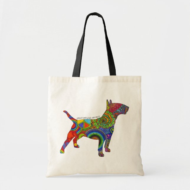 "Peace Love & Bull Terriers" Pop Art Tote Bag (Front)