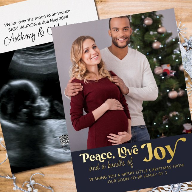 Peace Love Bundle of Joy 2 Photo Expecting Foil Holiday Card (Creator Uploaded)