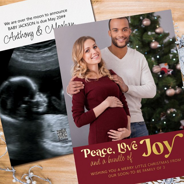 Peace Love Bundle of Joy 2 Photo Pregnancy Gold Foil Holiday Card (Creator Uploaded)