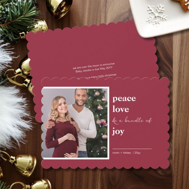 Peace Love Bundle of Joy Square Photo Christmas Holiday Card (Peace Love and a Bundle of Joy - Christmas Card Pregnancy Announcement by Darling & May)
