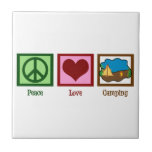 Peace Love Camping Tile<br><div class="desc">I love to camp. A peace sign,  heart,  and a cute campground complete with campfire for campers.</div>