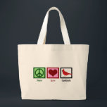Peace Love Cardinals Large Tote Bag<br><div class="desc">A pretty cardinal gift featuring a peace sign, heart, and beautiful red bird. A cute birding gift for a bird watcher that loves beautiful bird watching and collecting cool birds presents. Peace Love Cardinals.</div>