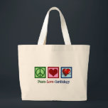 Peace Love Cardiology Heart Surgeon Heartbeat Large Tote Bag<br><div class="desc">Cute cardiology office gift for a cardiologist physician that features a peace sign,  heart,  and red beating heartbeat. A cool cardiothoracic unit design for a cardiovascular surgeon or cardiac ICU in a hospital. Order for your favourite doctor or nurse.</div>