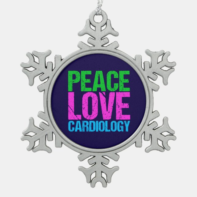 Peace Love Cardiology Snowflake Pewter Christmas Ornament (Front)