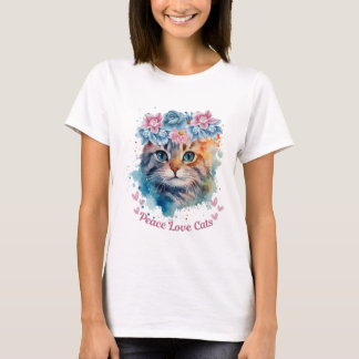 Peace Love Cats Floral Watercolor Cat Design T-Shirt