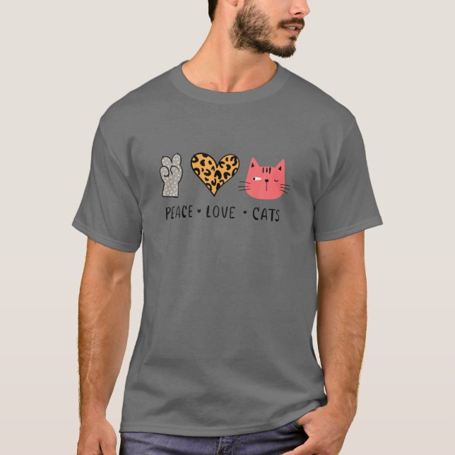 Peace Love Cats - Leopard Heart Cat Paw Funny Cat T-Shirt (Front)
