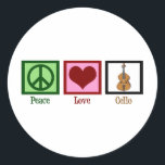 Peace Love Cello Classic Round Sticker<br><div class="desc">A beautiful cello Christmas present for the great cellist in your life. This Peace Love Cello design features a cute peace sign,  heart,  and the musical instrument,  the cello. A great gift for a string quartet member or orchestra conductor.</div>