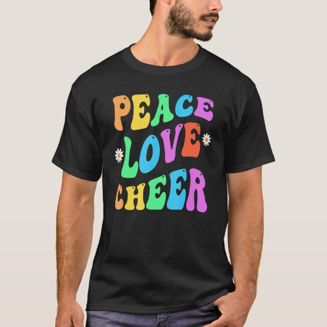 PEACE LOVE CHEER Retro Cheerleader Groovy Back To  T-Shirt (Front)