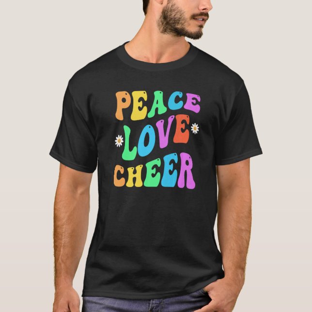 PEACE LOVE CHEER Retro Cheerleader Groovy Back To  T-Shirt (Front)
