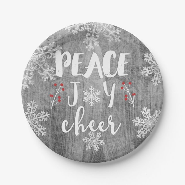 Peace Love Cheer Silver Snowflake Holiday Party Paper Plate (Front)