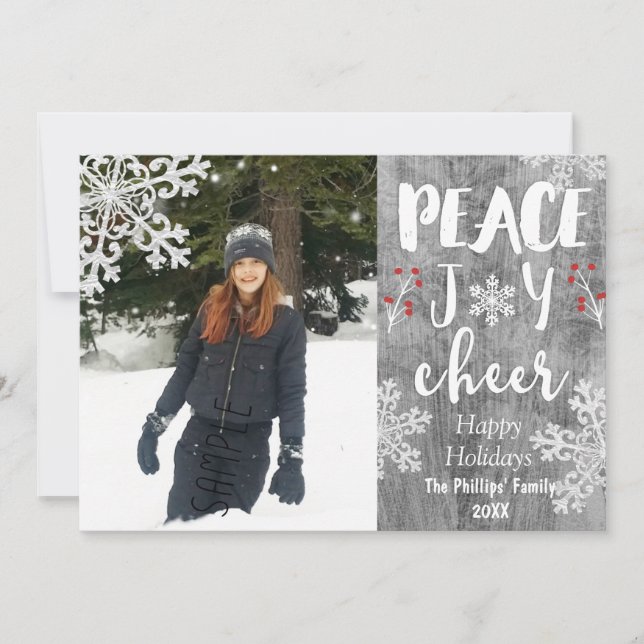 Peace Love Cheer Silver Snowflake Holiday Photo (Front)