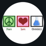 Peace Love Chemistry Classic Round Sticker<br><div class="desc">If you are a scientist or need a geeky gift for the nerd in your life,  this cute design features a peace sign,  heart,  and chemicals in a beaker.</div>
