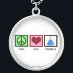Peace Love Chemistry Silver Plated Necklace<br><div class="desc">A peace sign,  heart,  and a chemistry beaker used in a science experiment used by scientists.</div>